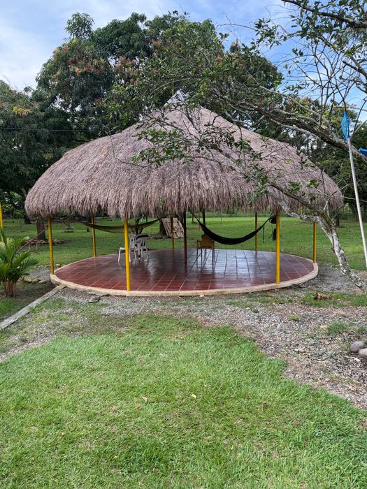 Kiosko redondo con techo de paja y hamacas colgadas, sobre el prado